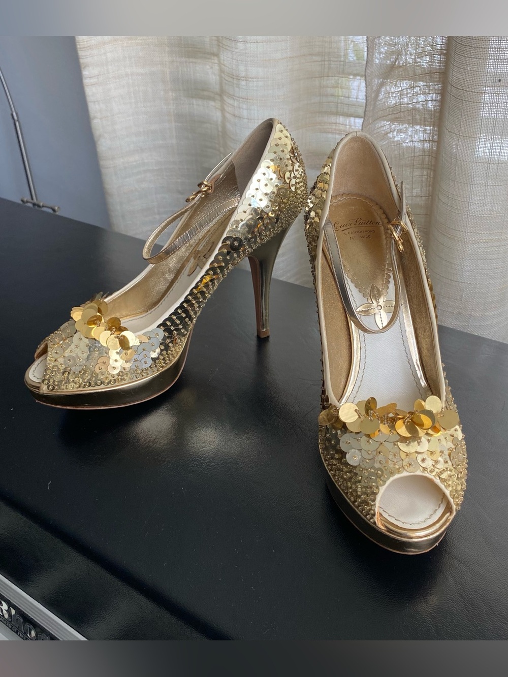 Louis Vuitton Gold Sequin Peep-Toe High Heels Mary Jane Strap Pumps 37